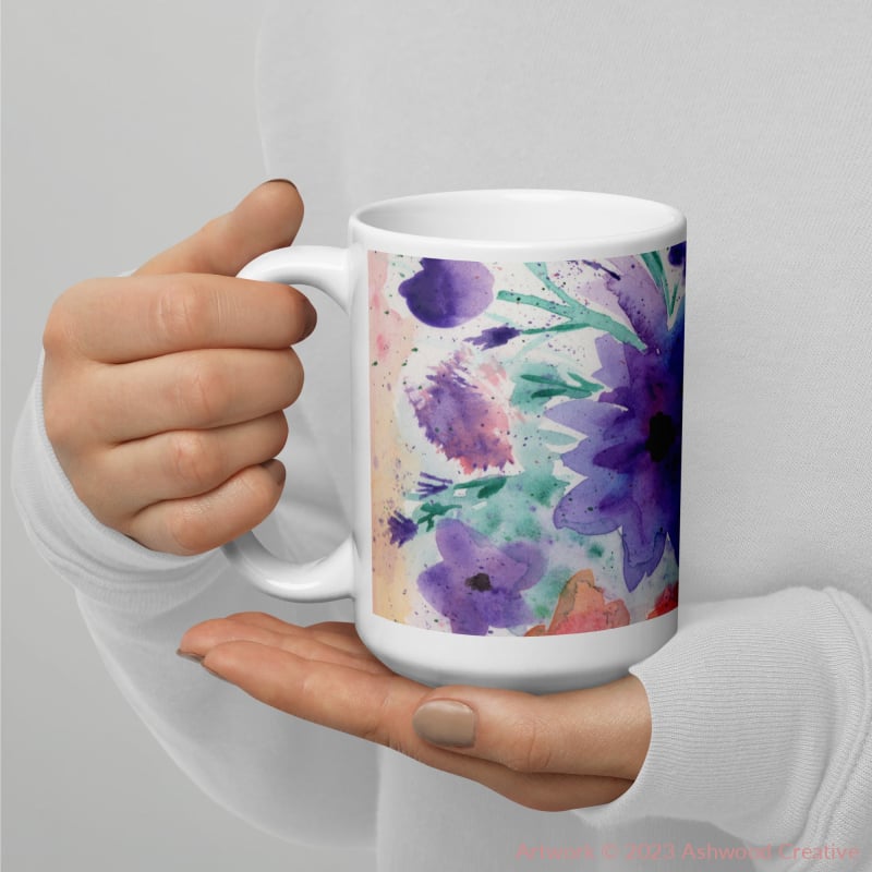Purple Flowers Watercolor White Glossy Mug Mugs