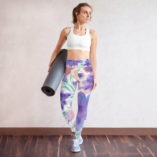 Purple Flowers Watercolor Yoga Leggings Xs